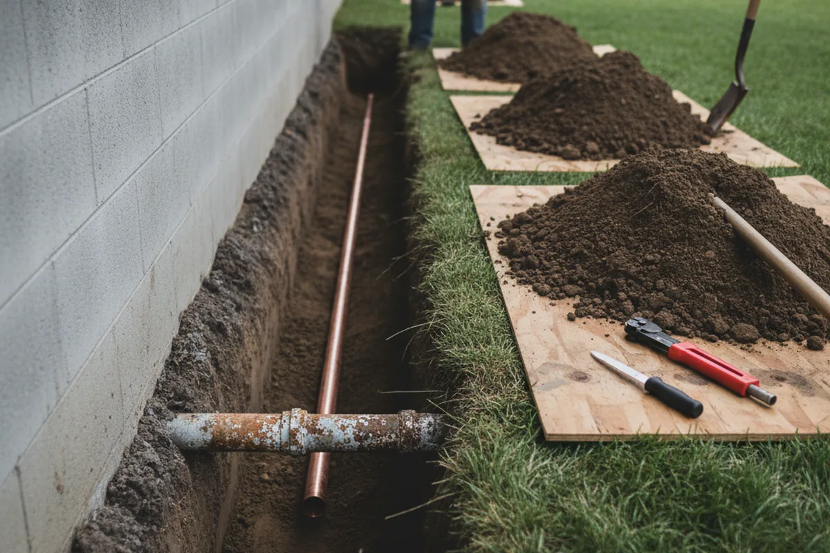 Excavated water line trench during Water Softener Installation in Water Valley
